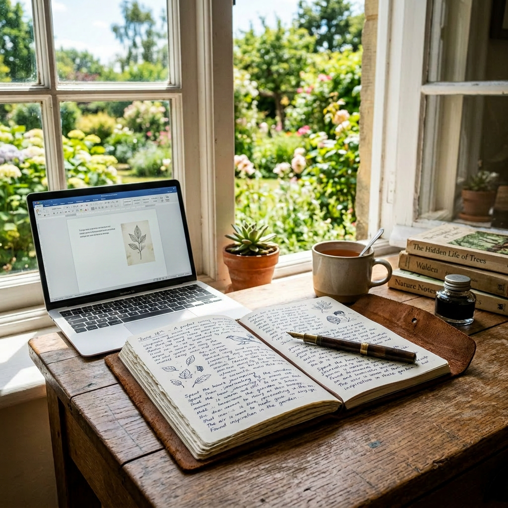 Open nature journal with writing and illustrations on wooden table by window with garden view